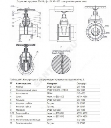 Задвижка чугунная фланцевая 30ч39р DN65 PN10/16 с обрез клином BENARMO фото 5