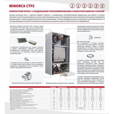 Котел газовый настенный двухконтурный FONDITAL MINORCA CTFS 9, 9 кВт, стальной теплообменник, с термостатом + дымоход в фото 6